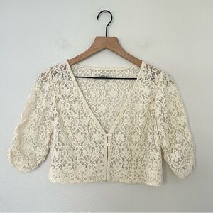 Vintage Lace Y2K Cropped Prairie Cottagecore Bridal Festival Top sz L Shrug Flaw